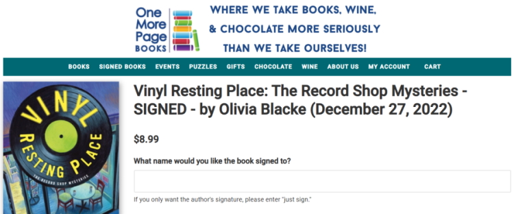 Screenshot from One More Page Books in Arlington, Virginia for ordering signed copies of Vinyl Resting Place