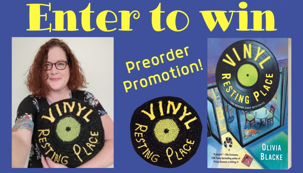 Enter to win! Author Olivia Blacke holding a crocheted pillow in the shape of a record with the Vinyl Resting Place logo on it