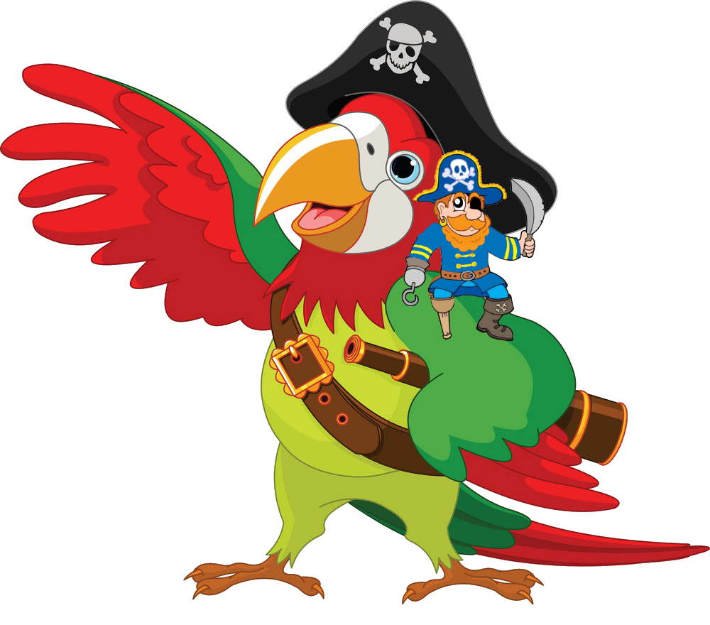 A cartoon parrot, dressed like a pirate, with a pirate on his shoulder